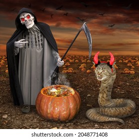 A Beige Cat Snake In Red Devil Horns And A Grim Reaper Are Near A Pumpkin In The Field For Halloween.