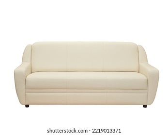 Beige Contemporary Leather Couch Isolated On White Background, Front View. Modern Furniture In Minimal Style, Interior, Home Or Office Design