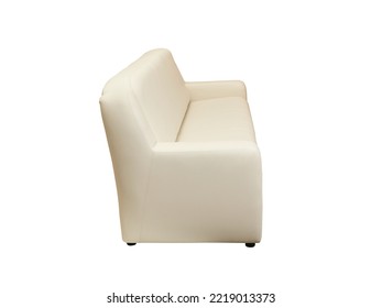 Beige Contemporary Leather Couch Isolated On White Background, Side View. Modern Furniture In Minimal Style, Interior, Home Or Office Design