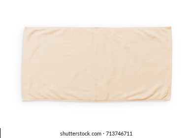 Beige Cream Beach Towel Mock Up Isolated On White Background, Flat Lay Top View 