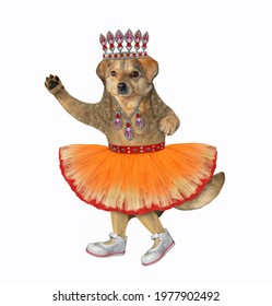 A Beige Dog Ballet Dancer In An Orange Skirt Is Dancing. White Background. Isolated.