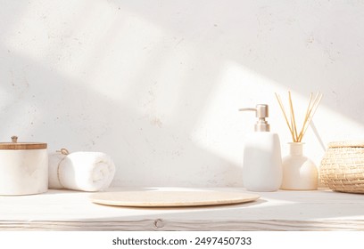 Beige empty stone podium featuring spa products on wooden table against abstract plaster wall background - Powered by Shutterstock