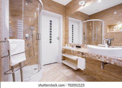 Beige Fancy Bathroom With Shower And Sandstone Tiles