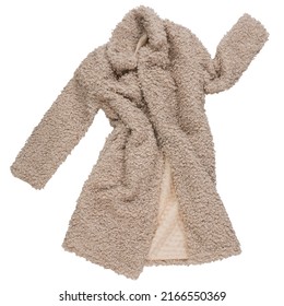 Beige Faux Fur Coat, As If Dancing, On A White Background, Isolate