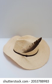 Beige Female Hat On The White Background. Concepts Of Journey, Holidays, Rest, Weekend Escape