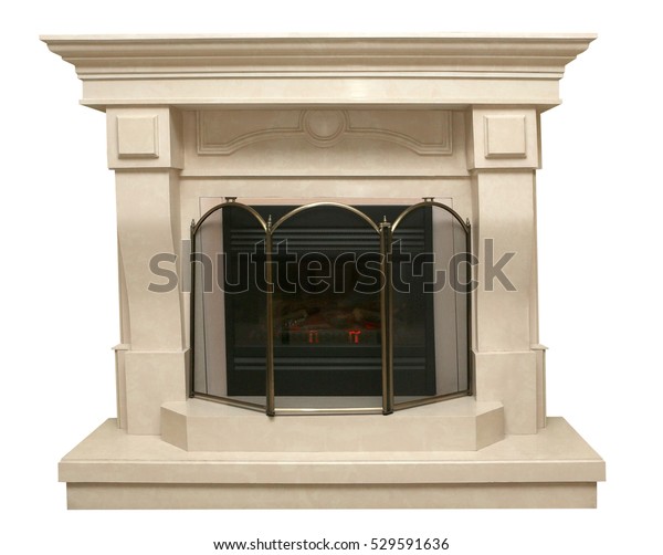 Beige Fireplace Made Artificial Stone Isolated Objects