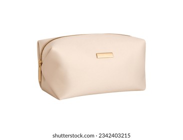 Beige gold color leather vanity cosmetic case, make up bag with zipper for lady women handbag Isolated on White Background. Side view. Mock up, template  - Powered by Shutterstock