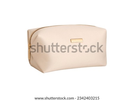 Beige gold color leather vanity cosmetic case, make up bag with zipper for lady women handbag Isolated on White Background. Side view. Mock up, template 