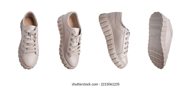 Beige Gray Leather Female Sneakers With Lace Isolated On White Background. Flying Fashion Casual Sneakers, Sports Unisex Clothing Shoes. Minimal Mockup With Footwear. Different Viewing Angle