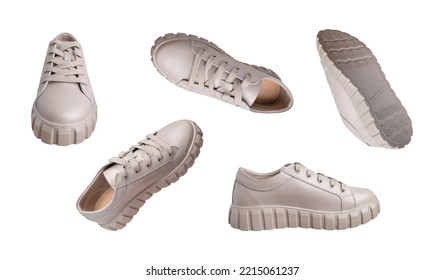 Beige Gray Leather Female Sneakers With Lace Isolated On White Background. Flying Fashion Casual Sneakers, Sports Unisex Clothing Shoes. Minimal Mockup With Footwear. Different Viewing Angle