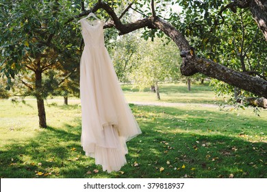 Beige Handmade Casual Wedding Dress Hang On The Tree Branch In The Garden