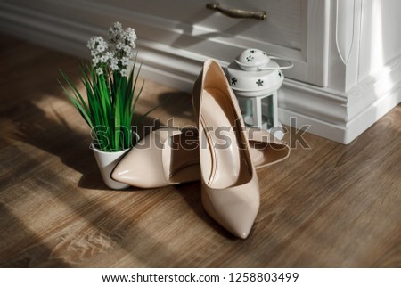 beige high-heeled shoes isolated on wooden background.
a pair of women's shoes in heels with copy space for text.

advertising of women's shoes store.
Bride shoes and small bouquet.