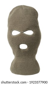 Beige knitted balaclava isolated on white. Cloth headwear