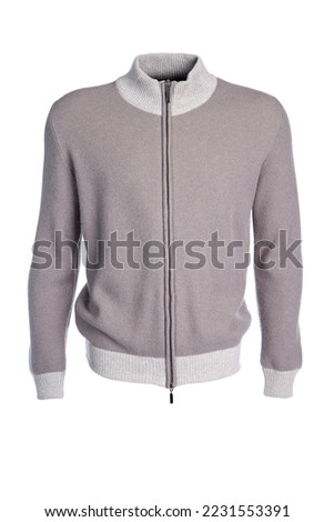 Beige knitted wool sweater with zipper, cuffs and tight collar of light color, isolated on a white background on a transparent mannequin. Front view.