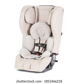 Beige Leather Car Seat Isolated On White Background. Side Front View Of Baby Carrier. Modern Restraining Child Safety Seat With Side Impact Protection. Infant Restraint System. Travel Gear