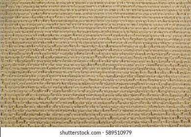 Beige Natural Linen Fabric With Brilliance Golden Lurex Close-up. Aida Texture For The Background.