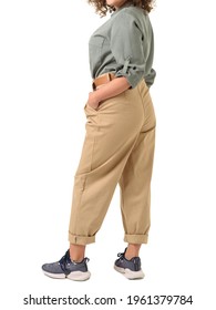 Beige Office Pants On The Girl From The Back On A White Background