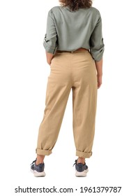 Beige Office Pants On The Girl From The Back On A White Background