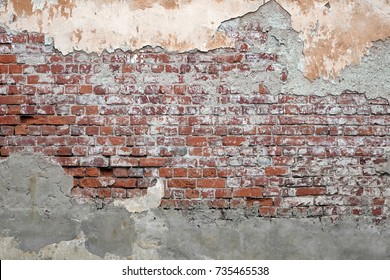 Beige Plastered Brickwall With Chipped  Stucco Pieces. Red Textured Brick Wall With Damage Surface. 
Old Grunge Abstract Background.