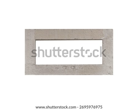 Beige rectangular stone window frame with rough texture, is isolated.