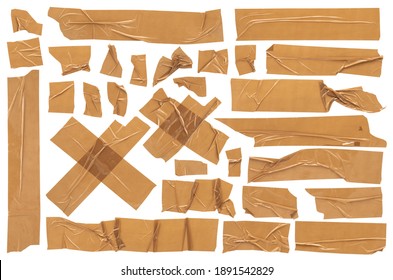 Beige Scotch, Large Set Of Adhesive Packaging Tape, Different Shapes And Sizes, Crumpled Torn Strips And Pieces On A White Background