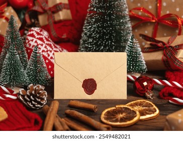 Beige sealed envelope near Christmas decor, trees and red knitted sweater on wooden table closeup, place for text. Winter mock up for greeting card or invitation
 - Powered by Shutterstock