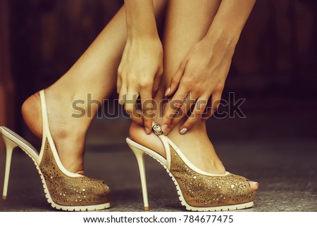 beige shoes female fancy high heel pumps strappy sandals on woman legs beautiful feet
