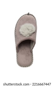 Beige Slipper With Fur Trim Isolated On A White Background. Minimal Concept Of Home Shoes.