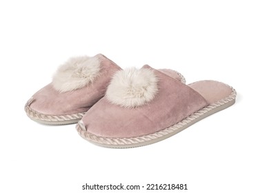 Beige Slippers With Fur Trim Isolated On A White Background. Minimal Concept Of Home Shoes.