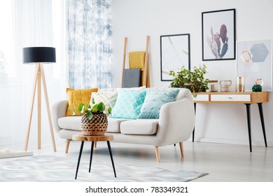 Beige sofa with blue and yellow cushions standing near the window with blue drapes  - Shutterstock ID 783349321