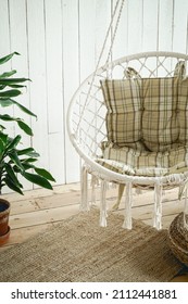 Beige String Swing With Cushion. Wicker Circle, Rug And Plants On The Wooden Floor In The Studio. Home Bright Interior