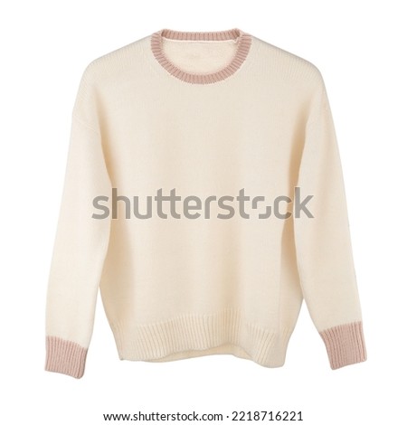 Beige sweater, cozy stylish women's knit pullover on a white background. Mock-up of fashion clothes for autumn and winter for sale.