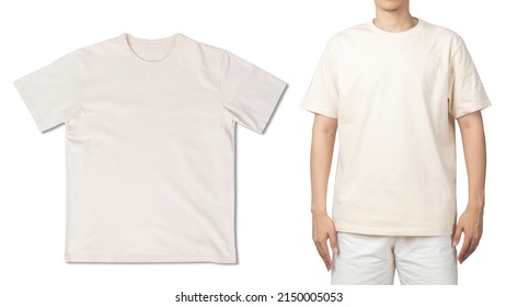 Beige T Shirt Mockup Isolated On White Background With Clipping Path.