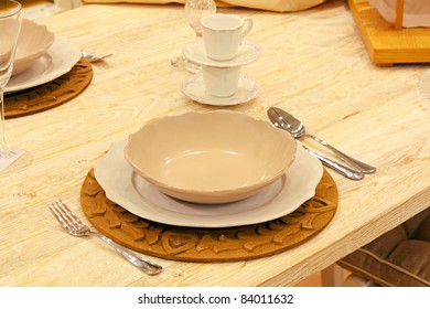 Beige tabletop setup in retro style wood
