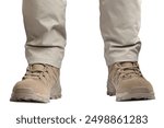 Beige tactical desert boots and ripstop pants, khaki tan suede leather army combat footwear and trousers, brand new casual men