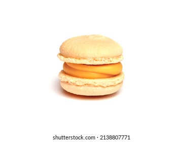 Beige Vanilla Macaroon Isolated On White Background. French Cookie. Yellow Cake In A Front View. Bakery Concept With Blank Space