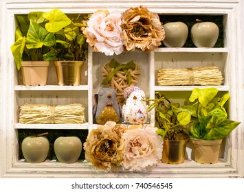 Beige Wooden Provence Vintage Style Shelf For Home Decoration. Shabby Chic Style With Beige Flowers And Flower Pots