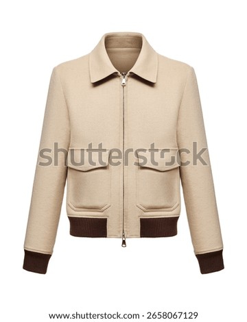 Men’s beige wool bomber jacket with front flap pockets, zip closure, and ribbed brown cuffs and hem. A refined twist on casual outerwear