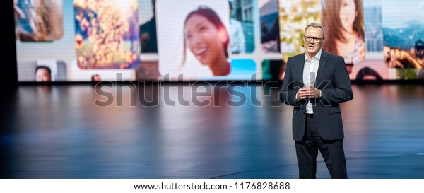 Beijing, Asia, China, March 23, 2018: German car\
designers broadcast live on the stage of the auto show center in\
Beijing to explain the new models that Volkswagen intends to launch\
in the Chinese market