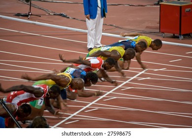 BEIJING - AUGUST 18: Start of Men's 100 meter sprint race where Usain Bolt sets a new world record at the 2008 Summer Olympic August 18, 2008 in Beijing, China.