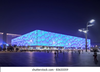 BEIJING - AUGUST 28. Beijing Water Cube at night time on August 28, 2011. It hosted Olympic swimming and diving events. Its capacity was 17.000m2 and is reduced to 6.000 after the Olympics.