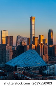 The Beijing CBD architectural complex under the evening glow