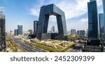 Beijing central business district CBD skyline with China Central Television CCTV headquarters HQ panorama in Beijing, China