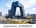 Beijing central business district CBD skyline with China Central Television CCTV headquarters HQ in Beijing, China