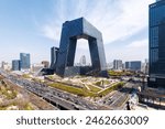 Beijing central business district CBD skyline with China Central Television CCTV headquarters HQ in Beijing, China