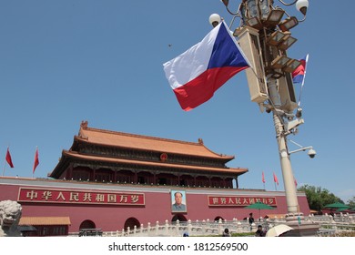 Beijing, China, 05/03/2018: Czech flag outside of Forbidden City. Chinese placards translation: "Long live the People's Republic of China", "Long live the great unity of the people of the world!"