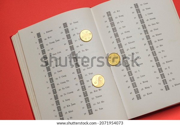 Beijing, China, 08-11-21: I ching ancient Chinese\
oracle, Book of Changes or Classic of Changes. The book is opened\
on the pages of hexagrams. The Hexagrams are symbols used to\
represent the dynamics\
