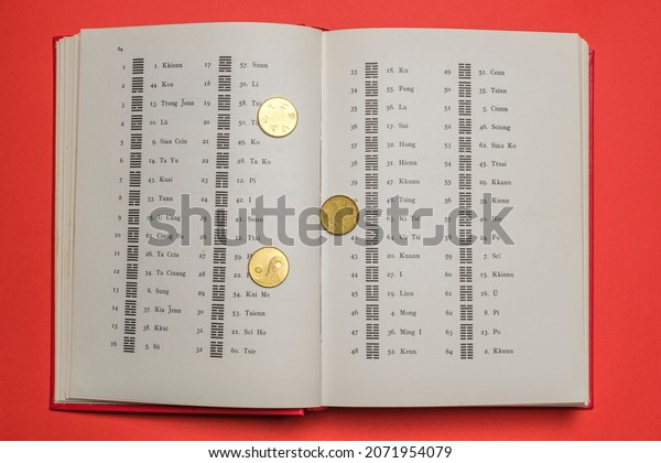 Beijing, China, 08-11-21: I ching ancient Chinese\
oracle, Book of Changes or Classic of Changes. The book is opened\
on the pages of hexagrams. The Hexagrams are symbols used to\
represent the dynamics\
