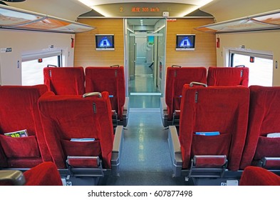 BEIJING, CHINA -11 MAR 2017- Inside The Car Of A CRH High-speed Bullet Train At The Beijing West Railway Station (Beijingxi).