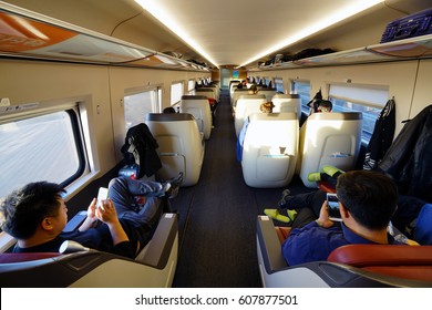 BEIJING, CHINA -11 MAR 2017- Inside The Car Of A CRH High-speed Bullet Train At The Beijing West Railway Station (Beijingxi).